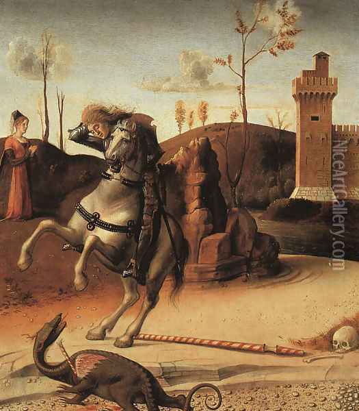 Pesaro Altarpiece, detail of the predella featuring St. George Fighting the Dragon 1470s Oil Painting - Giovanni Bellini