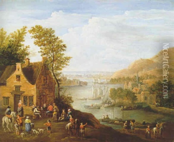 Reisende Vor Einem Wirtshaus Am Fluss Oil Painting - Jan Peter van Bredael the Elder