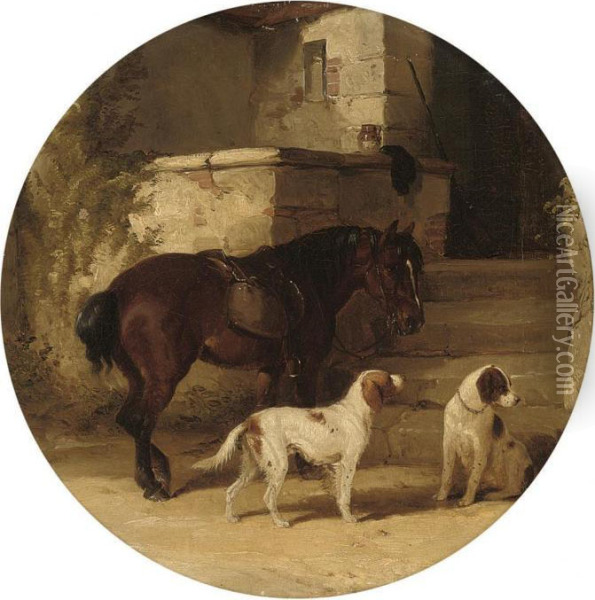 A Pony And Two Dogs Before A Doorway Oil Painting - William Joseph Shayer