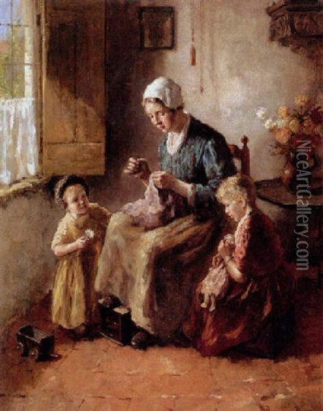 Mother With Children In An Interior Oil Painting - Bernard de Hoog
