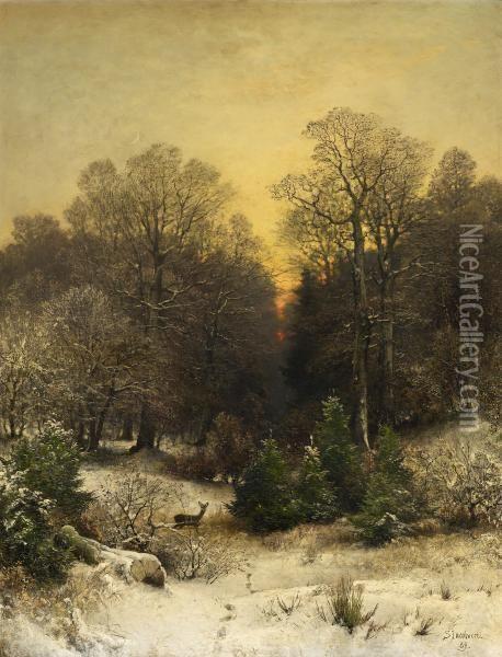 Dusk Over A Winter Forest Oil Painting - Sophus Jacobsen