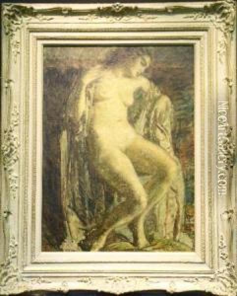 Female Nude Seated On A Draped Armchair Oil Painting - Louis Mark