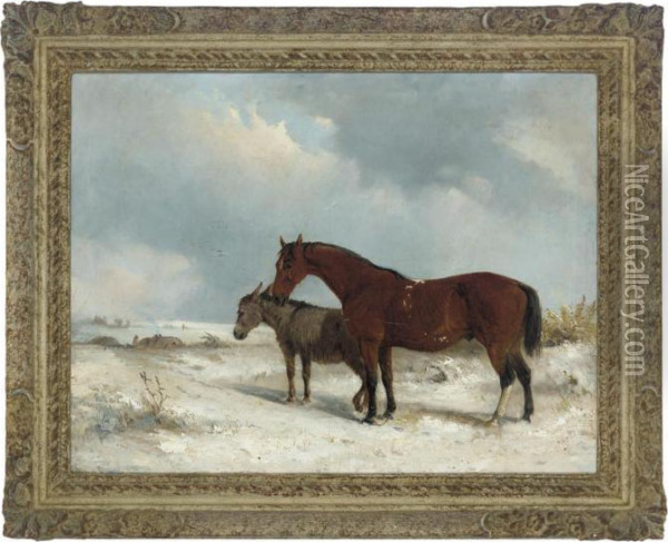 A Horse And Foal In A Winter Landscape Oil Painting - Edward Robert Smythe