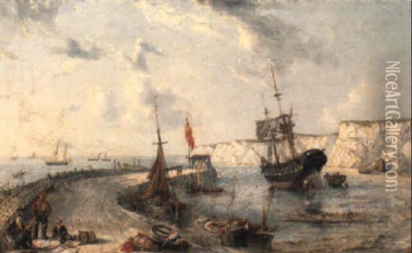 Coastal Scene With Fishermen On Broadstairs Pier Oil Painting - Henry C. Gritten