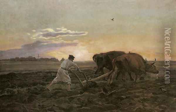 Ploughing Oil Painting - Jozef Chelmonski