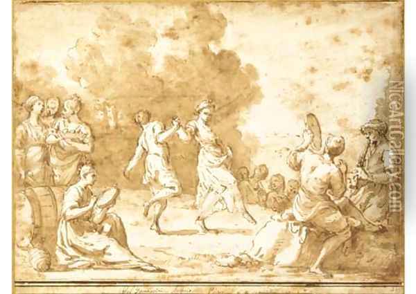 Peasants dancing in a landscape surrounded by musicians Oil Painting - Giuseppe Gambarini