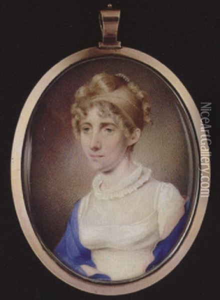 A Lady, Her Blonde Hair Upswept In Curls And With Pearl Comb, Wearing White Dress With Double Ruff Collar And Pink Edged Blue Shawl Oil Painting - Henry Edridge