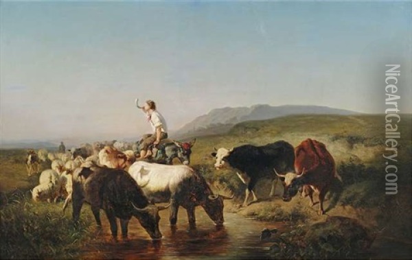 Vieh- Und Schafherde Mit Eselreitendem Hirtenknaben In Weiter Landschaft Oil Painting - Adolf Schreyer