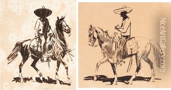Studies Of Vaqueros On Horseback Oil Painting - John Edward Borein