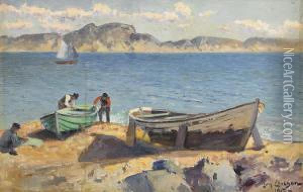Strandparti Med Fiskare Och Uppdragna Batar - Motiv Fran Marstrand Oil Painting - Johan Erik Ericson