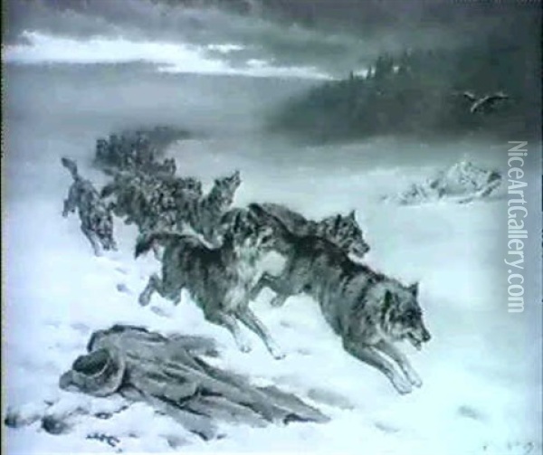 A Wolf Pack Oil Painting - Robert Morley