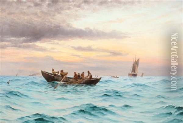 Fishermen Pulling In Nets In Oresund Oil Painting - Holger Luebbers