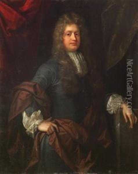 A Portrait Of A Gentleman In A Blue Coat And Lace Collar, Three-quarter Length Oil Painting - John Riley