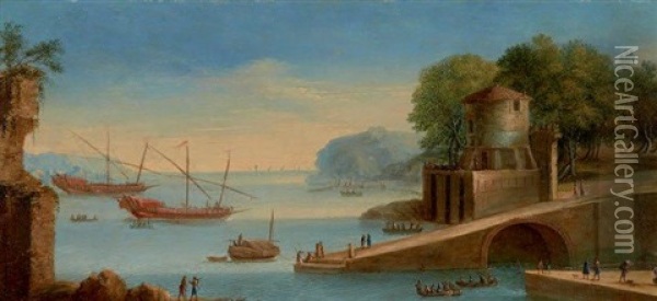 Deux Galeres Dans Une Rade Mediterraneenne Oil Painting - Orazio Grevenbroeck