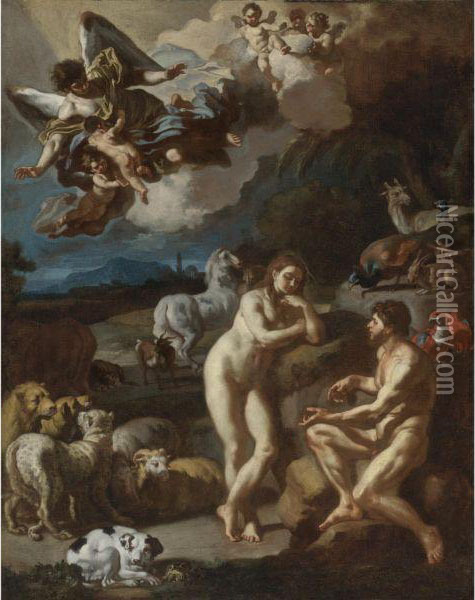 Adam And Eve In The Garden Of Eden Oil Painting - Francesco Solimena