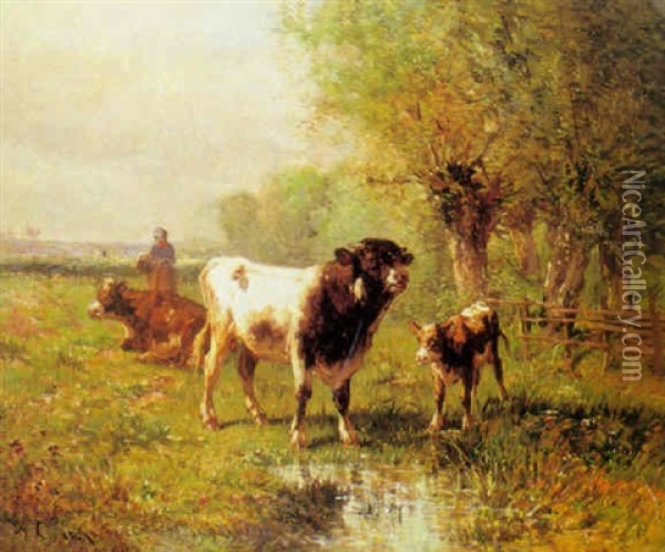 Vacas Y Ternero En Un Paisage Oil Painting - Andres Cortes y Aguilar