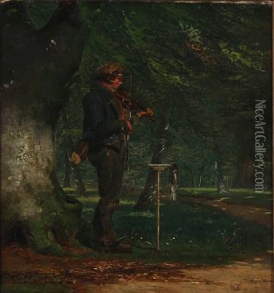 The Travelling Fidler, Niels Hemmingsen, At The Entrance To Dyrehaven, North Of Copenhagen Oil Painting - David Monies