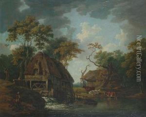 Figures And Cattle By A Watermill. Oil Painting - Peter La Cave