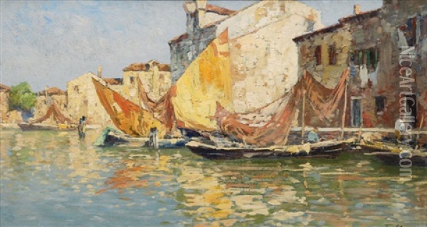 View On The Rio Pallada - Giudecca Oil Painting - Ferdinando Silvani