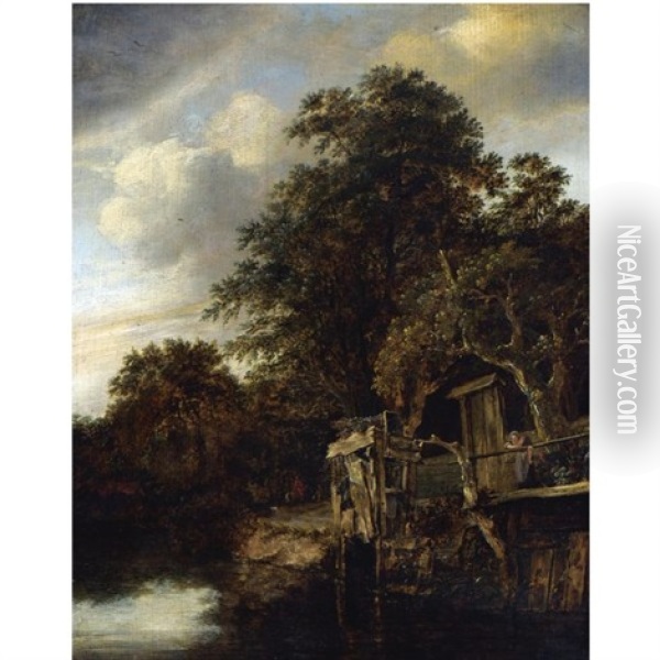 A Wooded River Landscape With A Woman And Child Looking Out Over The Water, A Horseman With His Dog And Another Figure Beyond Oil Painting - Cornelis Gerritsz Decker