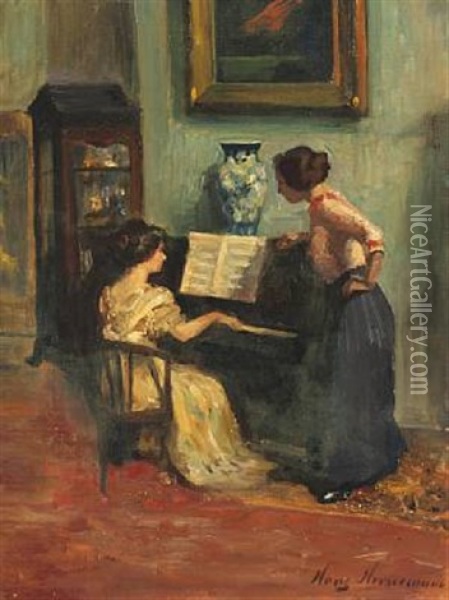 Interior With Two Women By A Piano Oil Painting - Hans Adolf Hornemann
