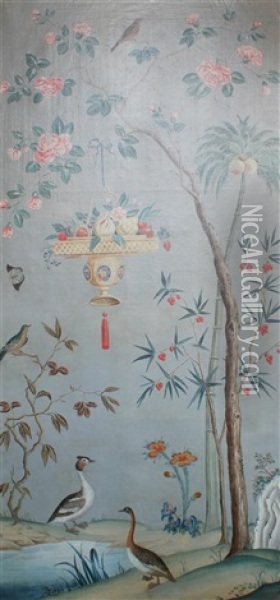 Chinoiserie Landscapes With Exotic Birds, Flowers And Lanterns (4 Works) Oil Painting - Jean Baptiste Pillement