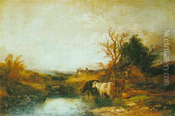 Cattle Watering, An Extensive Landscape Beyond Oil Painting - Joseph Horlor