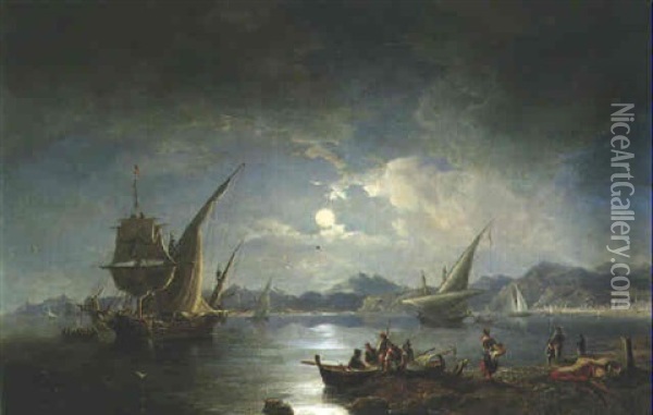 A Mediterranean Coastal Scene Oil Painting - John Wilson Carmichael