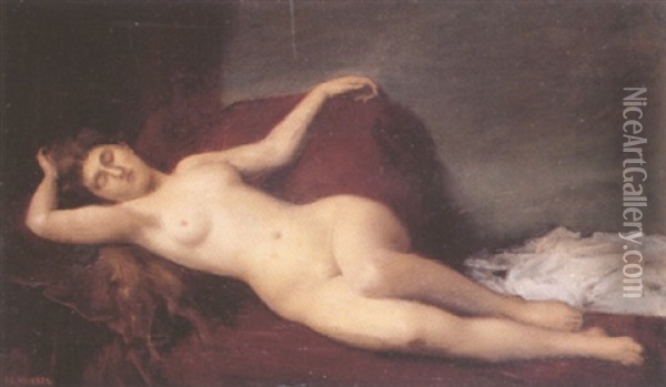 Nu Au Sofa Rouge Oil Painting - Jean Jacques Henner