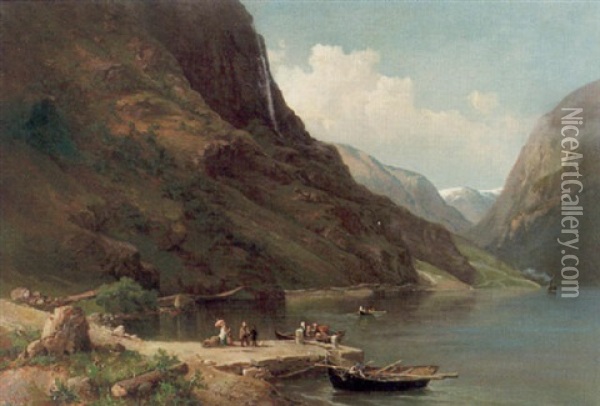 Fjordlandskap Med Resande Sallskap Oil Painting - Josephina Holmlund