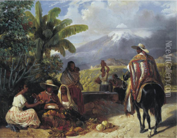Vendedores De Fruta Con El Pico De Orizaba Oil Painting - Henri Pierre L. Blanchard
