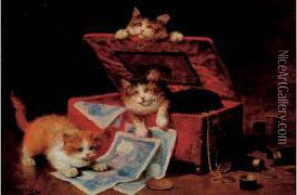 Chatons A La Boite A Bijoux. Oil Painting - Leon Charles Huber