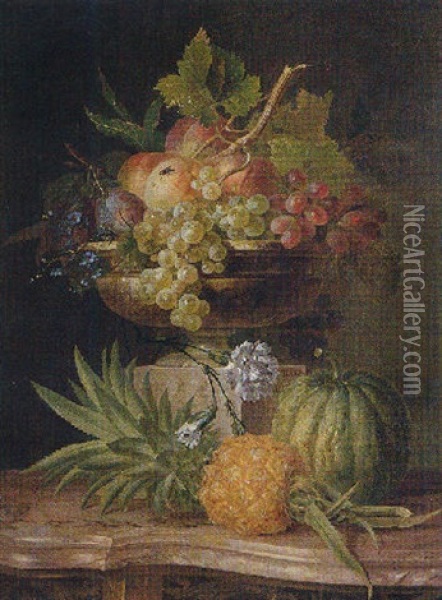 Still Life Of Peaches, Grapes And Plums In A Sculpted Urn On A Pedestal, With A Pineapple And Melon Oil Painting - Willem van Leen
