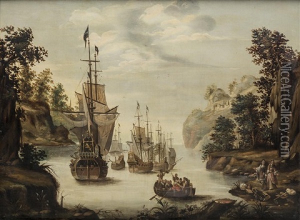 'marine Hollandaise Dans Un Fjord' Oil Painting - Abraham Jansz. Storck
