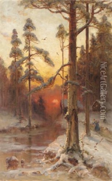 Sunset In The Winter Forest Oil Painting - Yuliy Yulevich (Julius) Klever