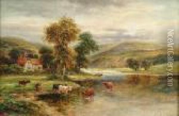Landscape Withcattle Watering Oil Painting - William Langley