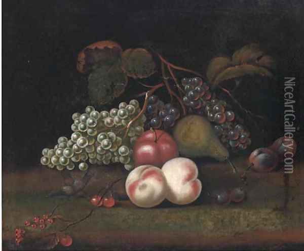 Still life of grapes, peaches, an apple, pear and plums Oil Painting - William Sartorius