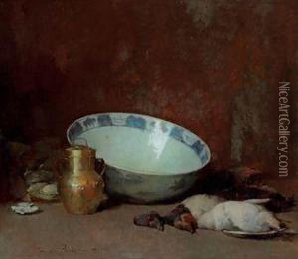 Still Life With Brass Urn Oil Painting - Emil Carlsen