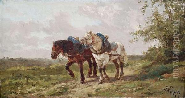 Zwei Ackergaule In Sommerlicher Landschaft Oil Painting - Eugene Galien-Laloue