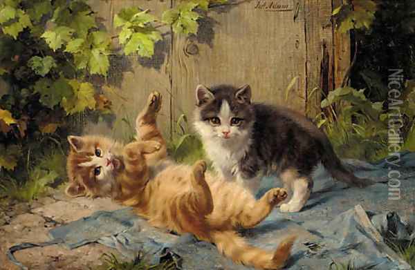 Kittens at play Oil Painting - Julius Adam