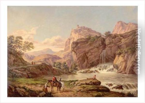 Cavaliers Au Pied De La Cascade Oil Painting - Claude-joseph Vernet