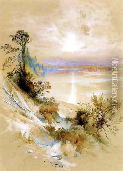 The Yellowstone River, at its Exit from the Yellowstone Lake Oil Painting - Thomas Moran