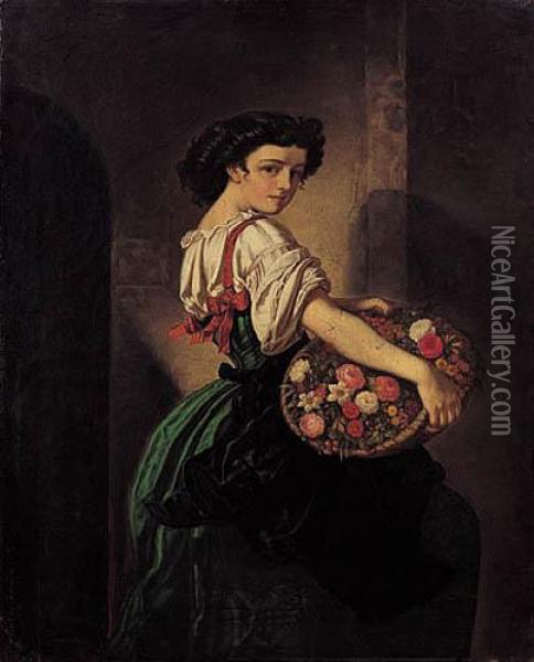 Dziewczyna Z Koszem Kwiatow 1867 R. Oil Painting - Carlos Calzada