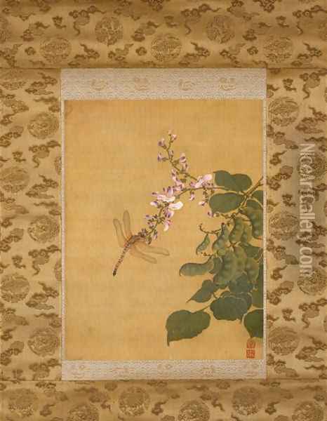 Dragon Fly and Blossoming Pea Vine, Qing Dynasty, c.1760 Oil Painting - Shen Quan
