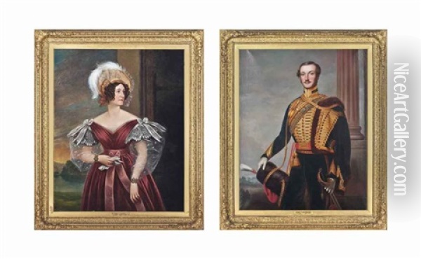 Portrait Of Elizabeth Surtees, Nee Cookson, Three-quarter-length...; Portrait Of Henry Edward Surtees Of Redworth (1819-1895), Standing... (pair) Oil Painting - Charles-Louis Bazin