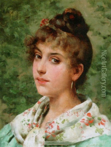 A Beauty With A Shawl Oil Painting - Leo A. Malempre