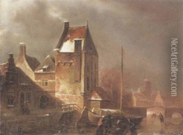 Dutch Townscape With Frozen Canal Oil Painting - Jean-Baptiste Andre De Noter
