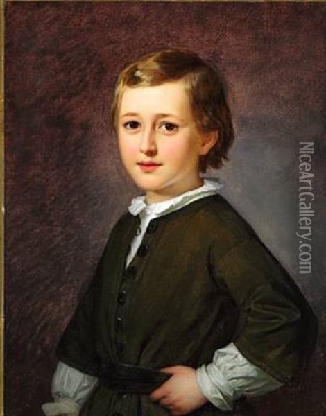 Portrait Of Danish Ballet Master And Choreographer August Bournonville's Son Edmond Mozart August (1846-1904) As A Child Wearing A White Shirt And An Olive Jacket Oil Painting - Edvard Lehmann