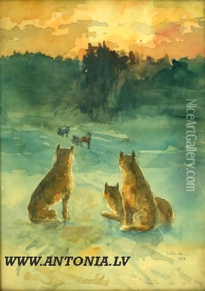 Wolves Oil Painting - Stanislavs Birnbaums