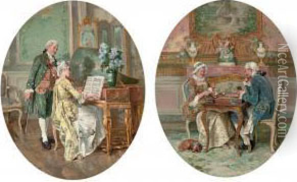 Music Practice; And Backgammon Oil Painting - Francois Adolphe Grison